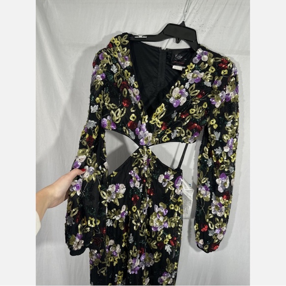 NWT $598 Mac Duggal [ 6 ] Floral‎ Sequined Cutout Long Sleeve Gown Black - Picture 7 of 16